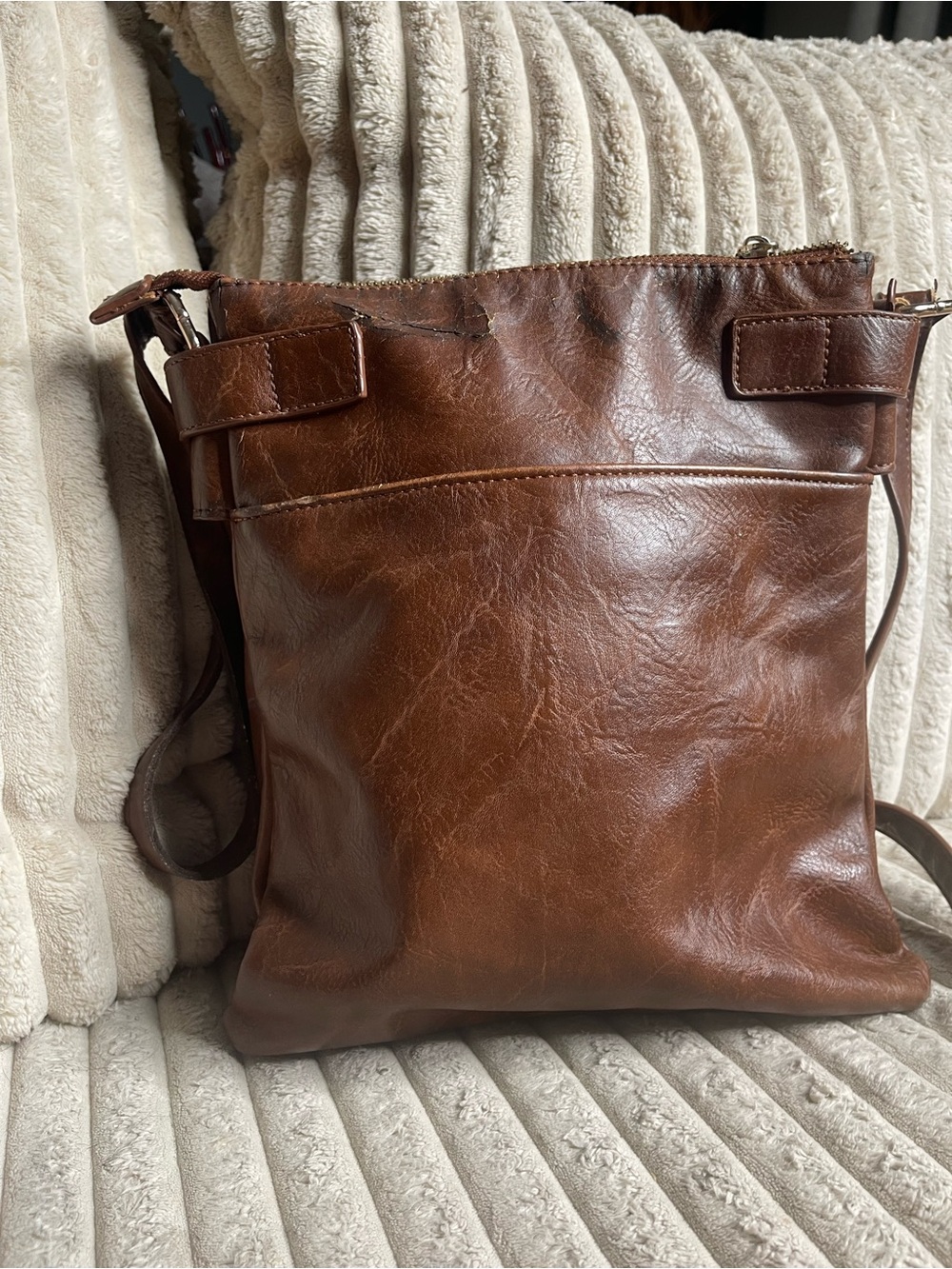 Miztrque Brown Leather Crossbody Bag Multi Zip Shoulder Purse Buckle Detail - Picture 3 of 11